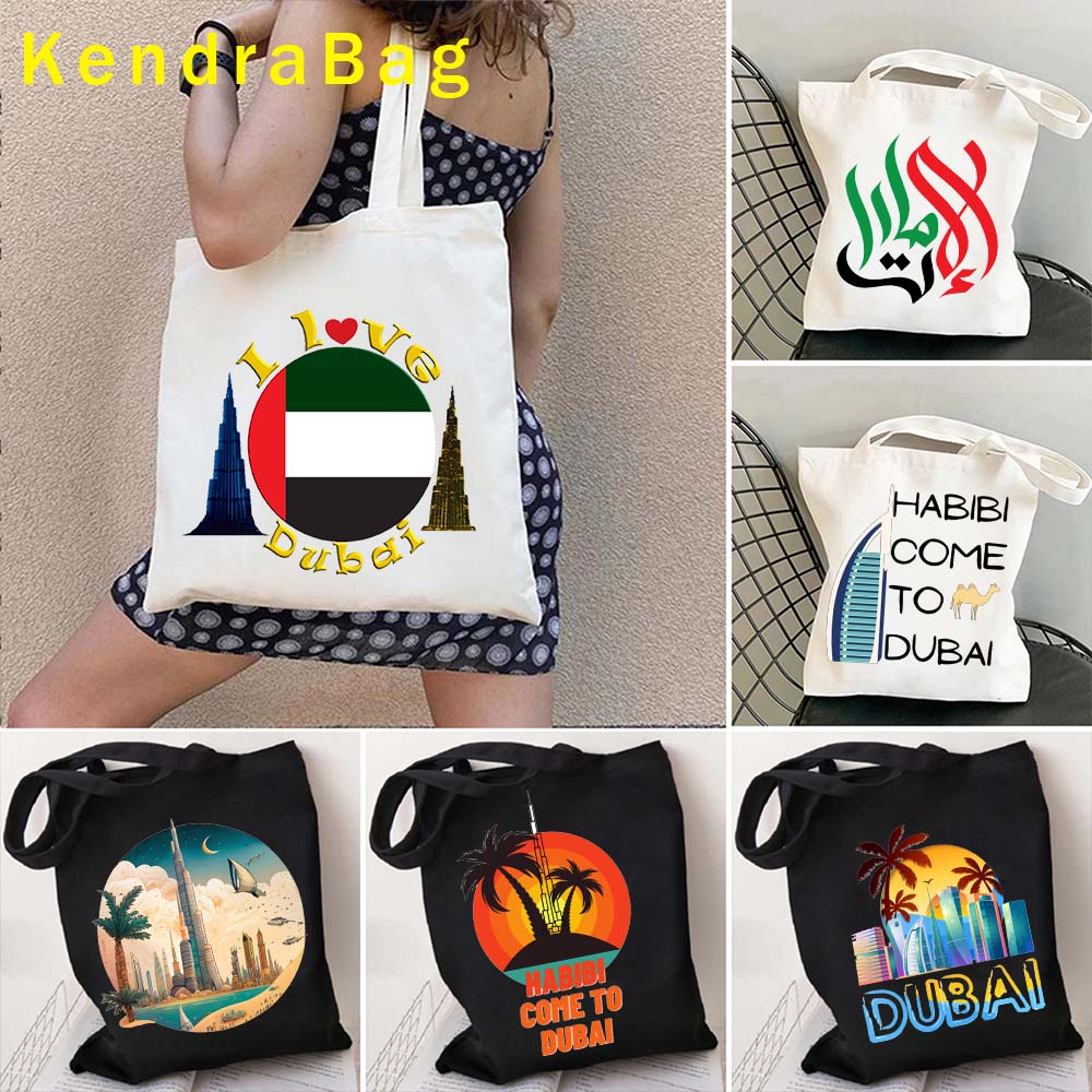 Women Bags In Dubai - 愛国心あふれるアラブ首長国連邦のエンブレム、ドバイプリント、UAEの街並み、ヤシの木、水彩画、高層ビル、ブルジュ・ハリファ、ビーチ、海、トートバッグ、ハンドバッグ