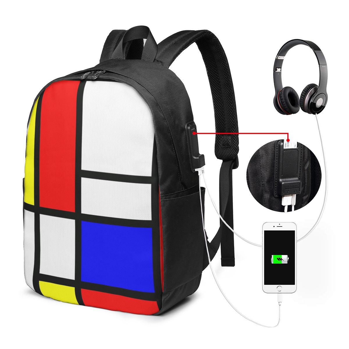 Women'S Bag - ピエト・モンドリアン構成バックパック旅行ノートブックバッグコンピュータ大学生スクールバッグラップトップショルダーバッグ男性用女性用
