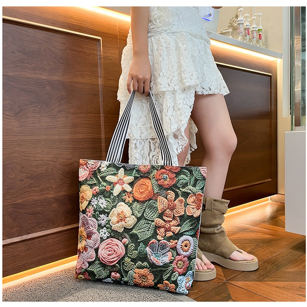 Women Bags Zip - 中国製ハンドバッグ 中国製デイリーコミューターバッグ 大容量トートバッグ ジッパー付きエスニックジャカードキャンバスバッグ デイリーコミューターショッピング用