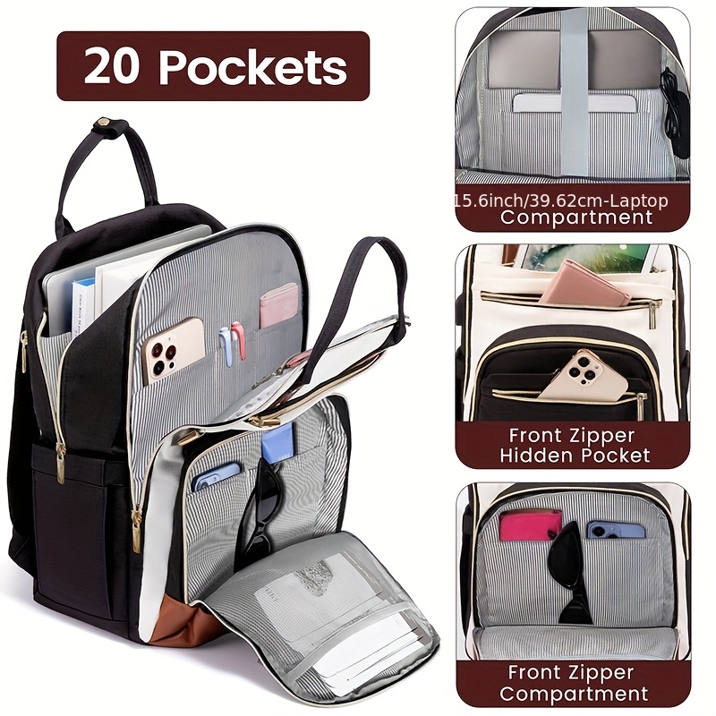 Women Bags For Laptop - 女性用ツートンカラーのノートパソコン用バックパック、防水仕様の可愛いビジネス旅行バッグ、ゴールドのジッパー付き、15.6インチのノートパソコンに適合