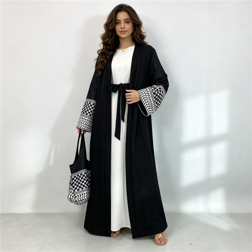 Women Bags In Dubai - ラマダンオープンアバヤ＆バッグ2点セット サウジアラビア トルコ ムスリムカーディガン 控えめなドレス 女性用ケバヤ