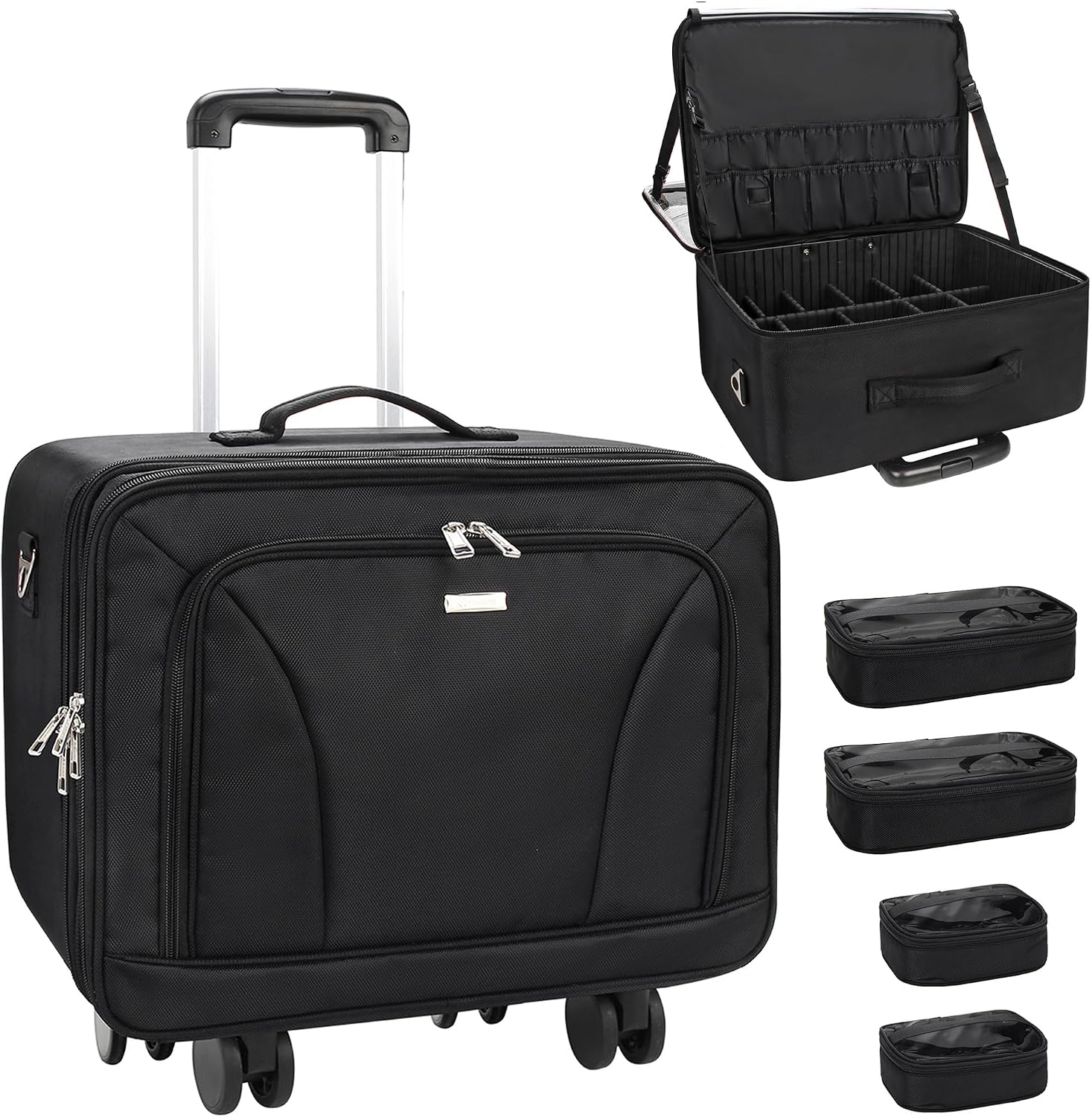 Women'S Bag - 特大サイズの回転式メイクアップトラベルトレインケース（360度回転） ° スピナーホイール、3層構造、断熱コンパートメント付き、透明バッグ4個