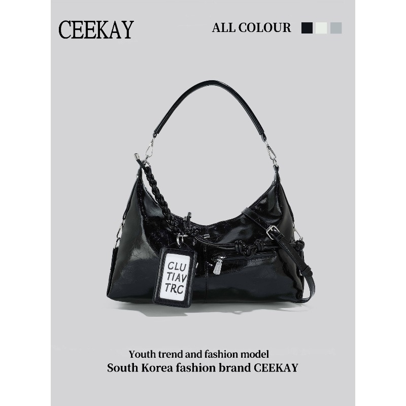 Women Bags 2026 Trends - 2026 CEEKAY 光沢のあるレザーホーボーバッグ Y2K ストリートスタイルショルダーバッグ レタータグ付き