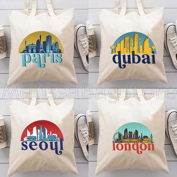 Women Bags In Dubai - ロンドン、ドバイ、パリ、ニューヨーク、スカイライン、都市景観、アート、女性、キャンバス、ショルダー、トートバッグ、原宿、ハンドバッグ、ショッパー、再利用可能なショッピングバッグ