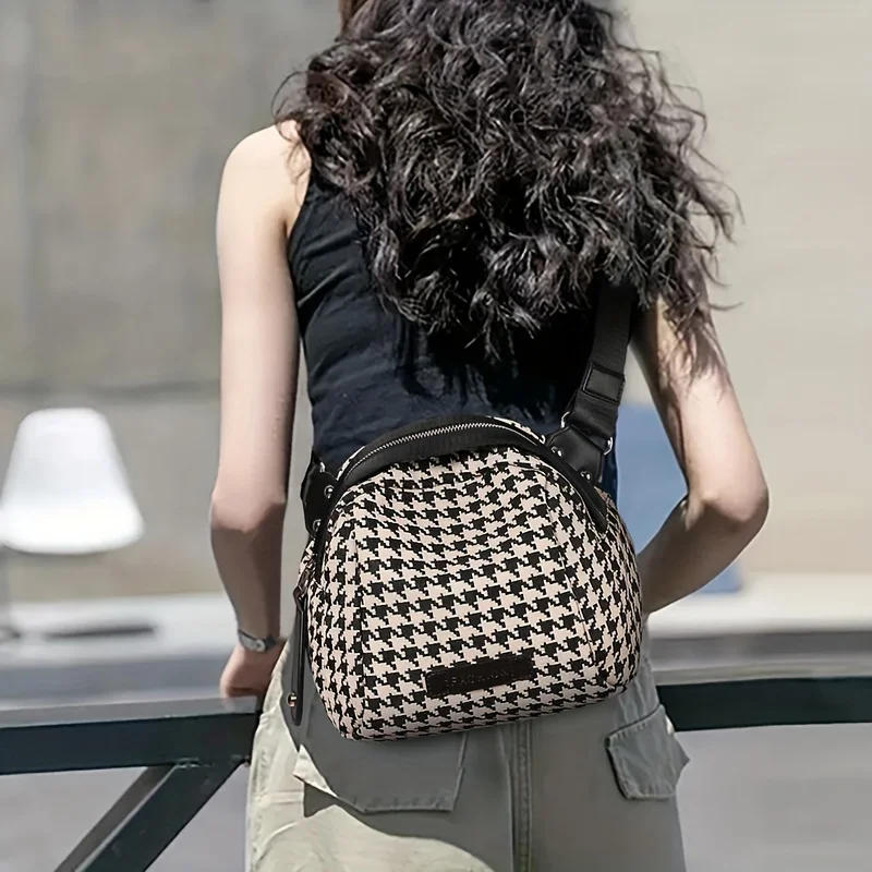 女性用千鳥格子キャンバスバッグ、調節可能なストラップ、安全な - Women Bags Zip のレビューと価格
