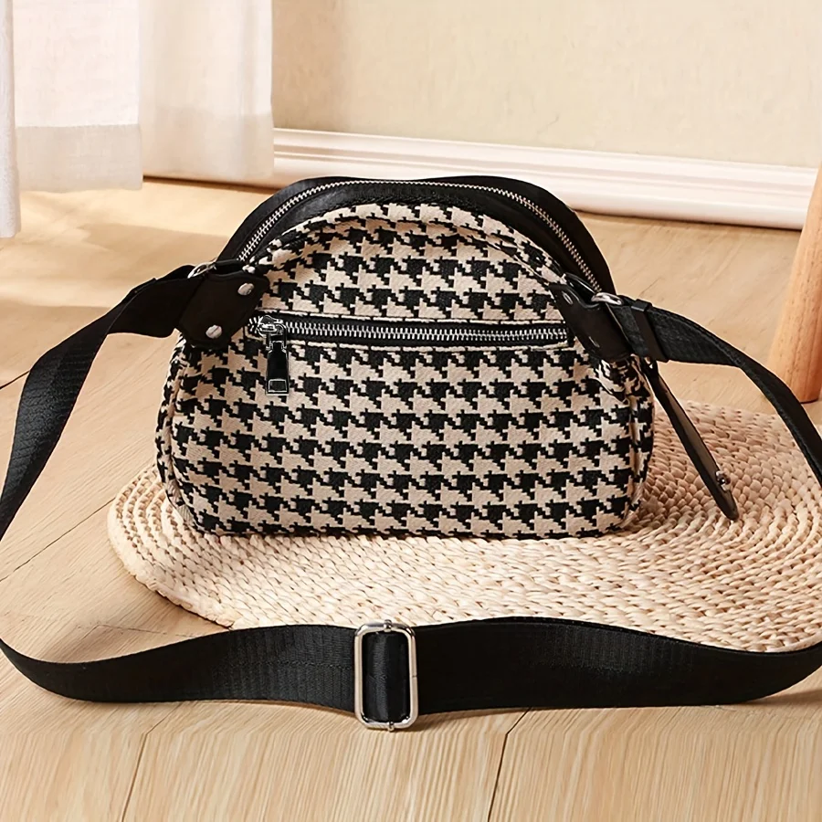 女性用千鳥格子キャンバスバッグ、調節可能なストラップ、安全な - Women Bags Zip のレビューと価格